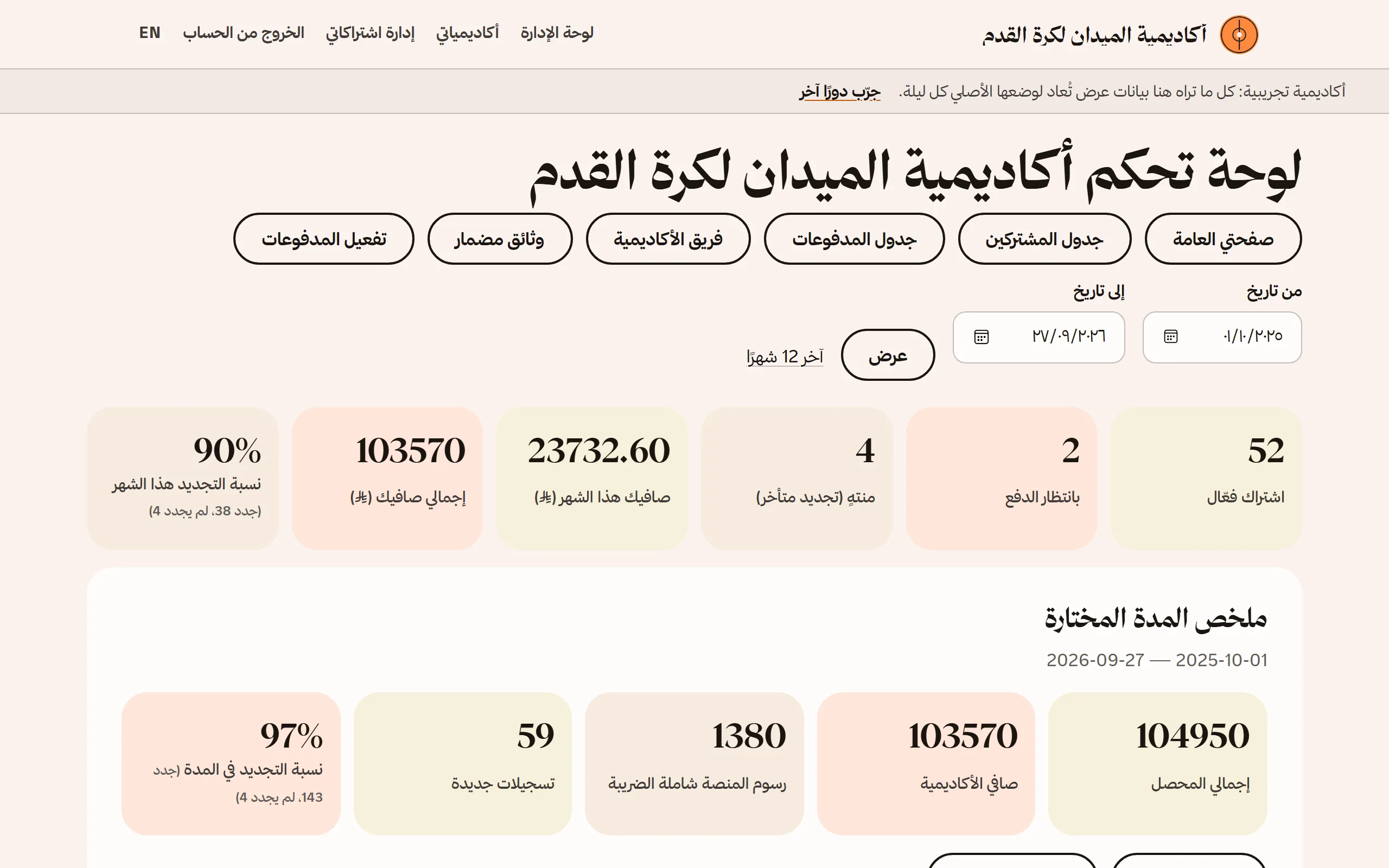 لقطة شاشة لبوابة أكاديمية — لوحة الإدارة